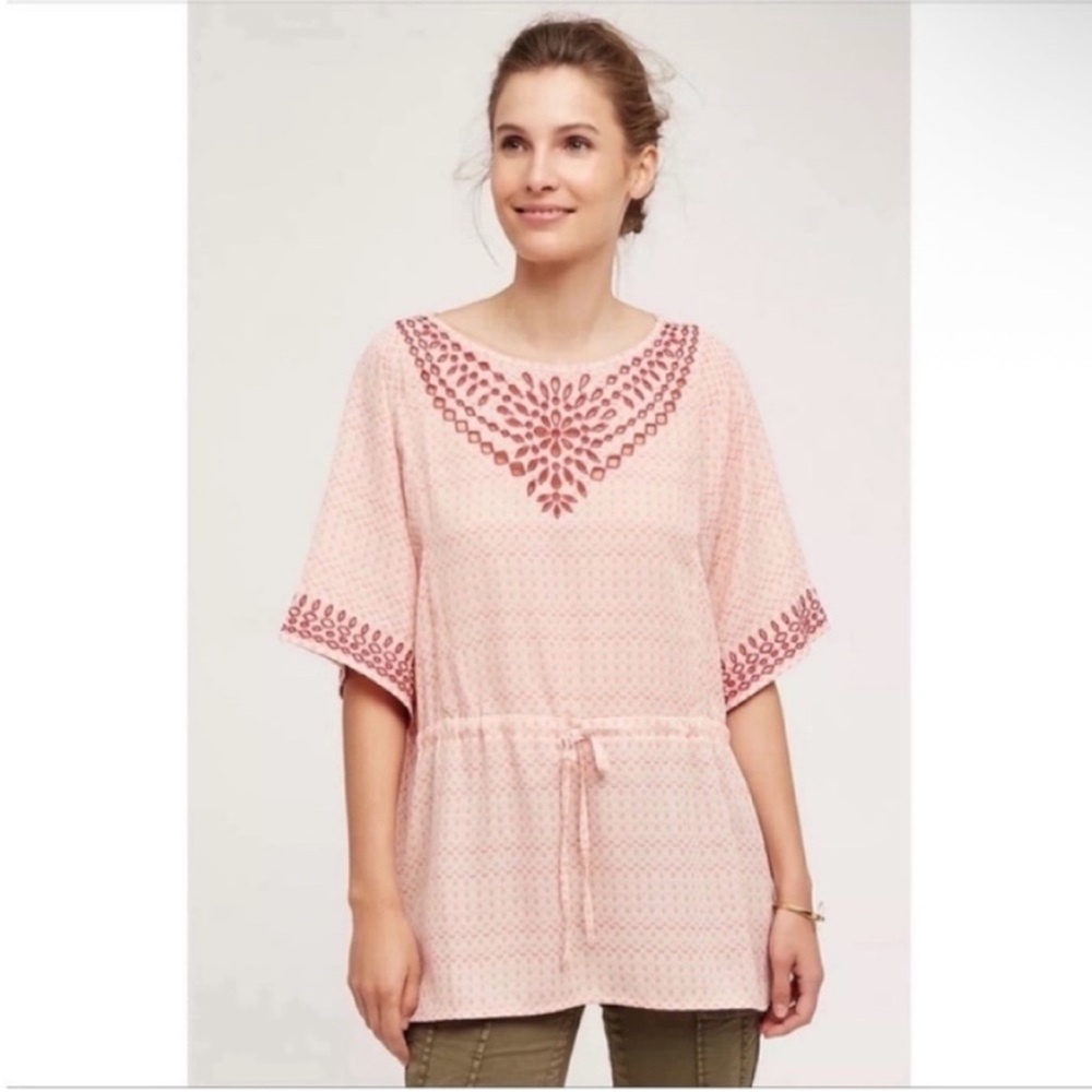 Anthropologie One September Euphemia peasant top blush pink eyelet tie waist
